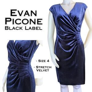 Evan Picone Velvet Sheath Dress 4 Deep Blue Sleeveless Ruched Evening Cocktail